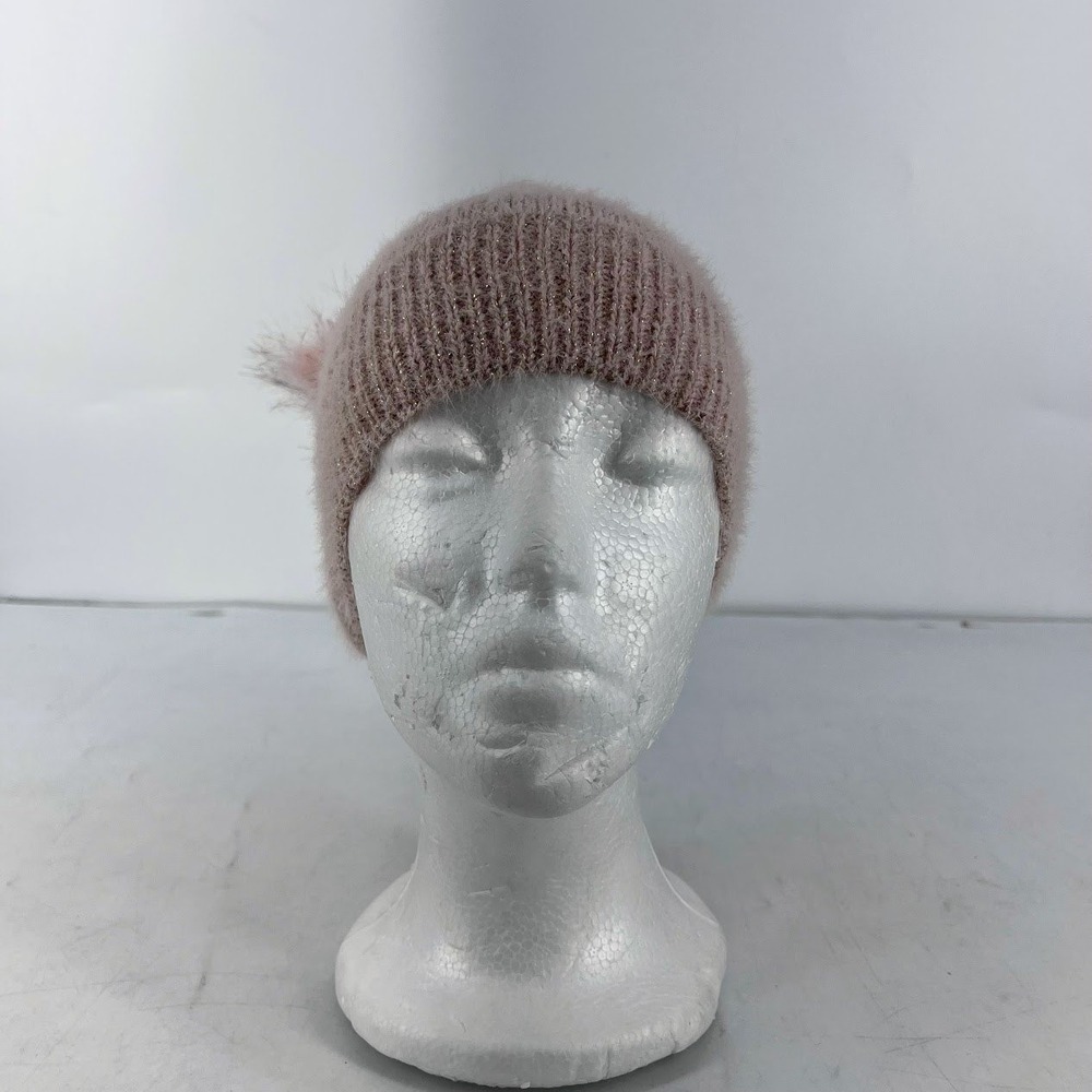 Freshman 1996 Starlight Pink Metallic Fuzzy Beanie Hat with Faux Fur Pom-Pom